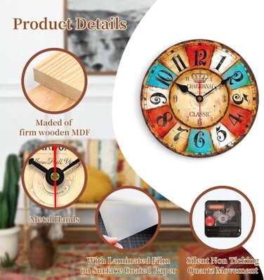 VIKMARI Quartz Wall Clock Wood Silent Hanging Clock, Battery-Powered Round Rustic Clock, Easy to Read Vintage Interior Wall Clock ||14' (Colorful Arabic Numerals, 20 cm)