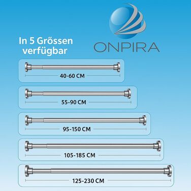 Дзеркальна штанга для душу Onpira® без свердління – нержавіюча штанга для штори для душу та гардини | 5 розмірів 40–230 см | 3 кольори: чорний, білий, нержавіюча сталь | Міцне кріплення до 12 кг, штанга 230 см