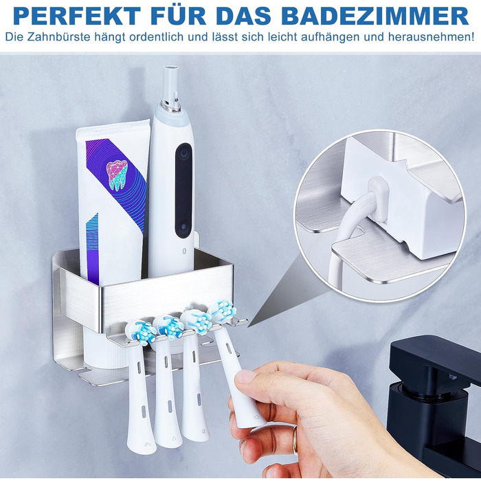 Тримач для зубних щіток настінний, для електричної зубної щітки, органайзер для насадок, срібний, без свердління
