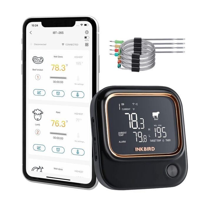 Бездротовий термометр для м'яса Inkbird IBT-26S з Bluetooth 5.1 і Wi-Fi, 4 щупи, магнітне кріплення, USB-зарядка, для гриля, духовки, BBQ, коптильні (чорний)