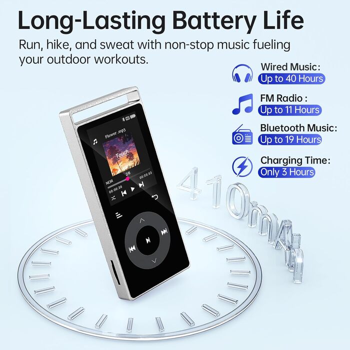 MP3 плеєр 90GB з Bluetooth 5.3 та HiFi звуком, сенсорним керуванням, кольоровим дисплеєм та FM-радіо, металевий корпус, підтримка карт пам'яті до 128GB, чорний/сріблястий