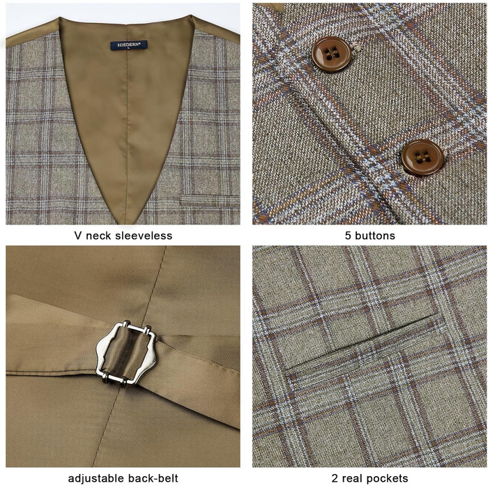 Чоловіча жилетка HISDERN в клітинку, класична, з бавовни, для весілля, в стилі 'Hahnentritt', під костюм (3XL, сірий/коричневий)