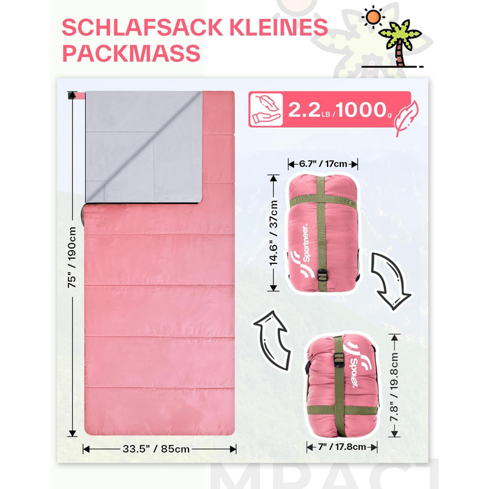 Sportneer Summer Sleeping Bag - Lightweight, Waterproof Camping Sleeping Bag for Backpacking, Hiking & Travel (Pink)