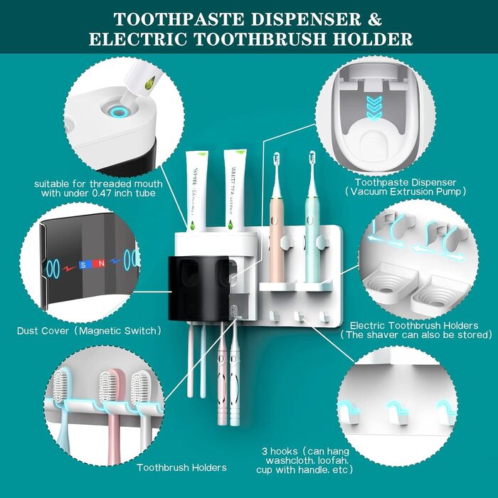 Automatic Toothpaste Dispenser, DENSAIL Toothbrush Holder for Wall Mounting with Dust-Proof Cover and 2 Toothpaste Dispensers, 2 Electric Toothbrush Holders, and 4 Toothbrush Organizer Slots