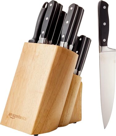 Amazon Basics Premium Knife Block Set, 9-Piece, Black - Includes 18 Knives