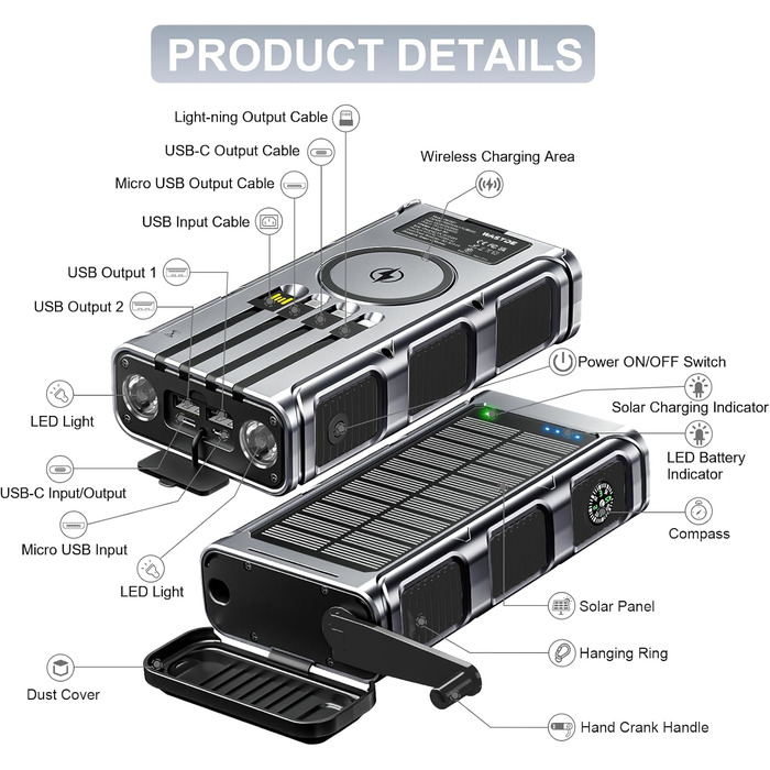 Сонячний Powerbank 26800 mAh з ручним генератором та 4 кабелями, водонепроникний зовнішній акумулятор для телефону, кемпінгу, подорожей (сріблястий)