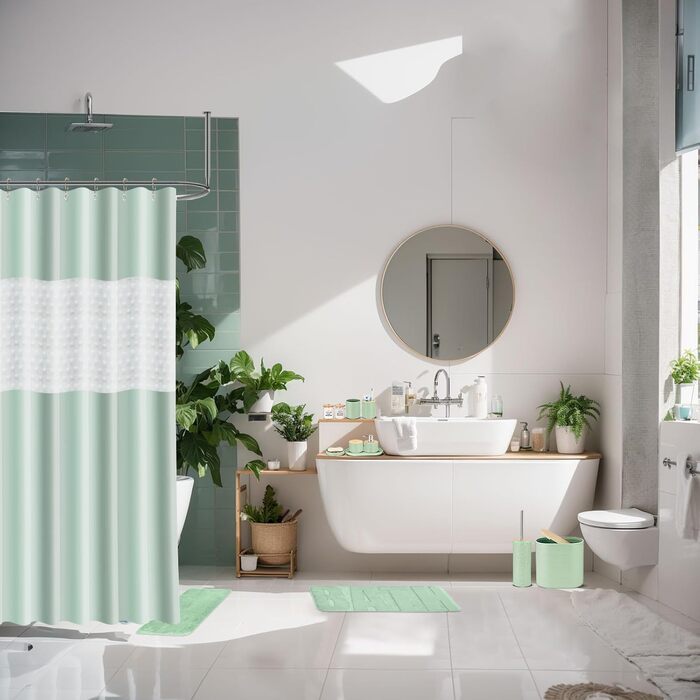 Набір для ванної кімнати IMAVO, 26 предметів: аксесуари для ванної, душова завіса, килимки, сміттєвий бак, піднос, дозатор мила, мильниця, тримач для зубних щіток, стакан для зубних щіток (зелений)