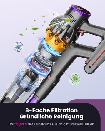 Бездротовий акумуляторний пилосос 45000 Па/580 Вт/70 хв, легкий, 6-в-1, з LED дисплеєм, станцією зарядки та насадкою проти спутання шерсті, для твердих поверхонь, килимів та шерсті тварин