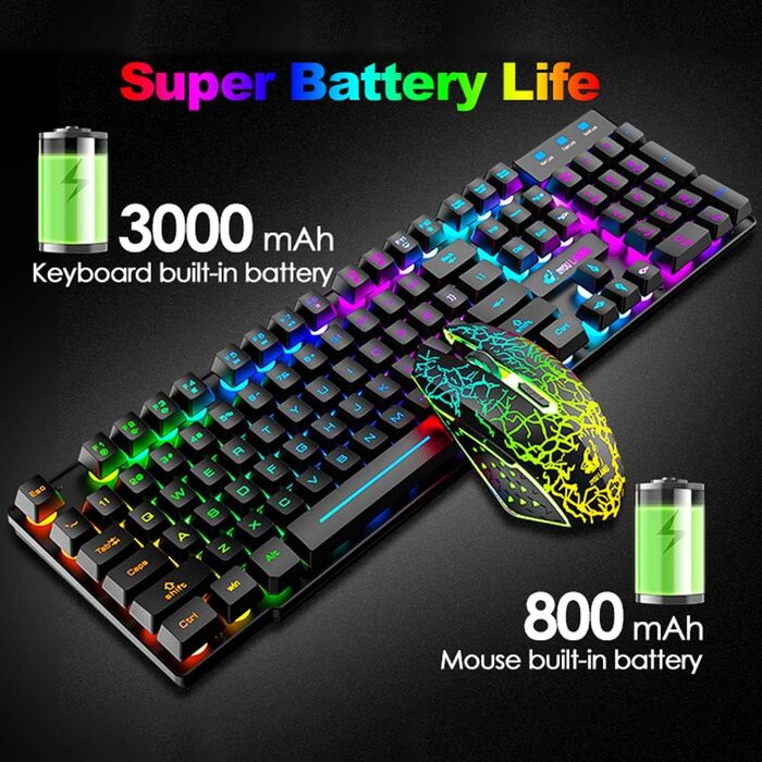Бездротова клавіатура з підсвічуванням RGB, 2.4G, перезарядна, механічна, 104 клавіші + Миша RGB 2400 DPI, 6 кнопок + Килимок для миші Чорний