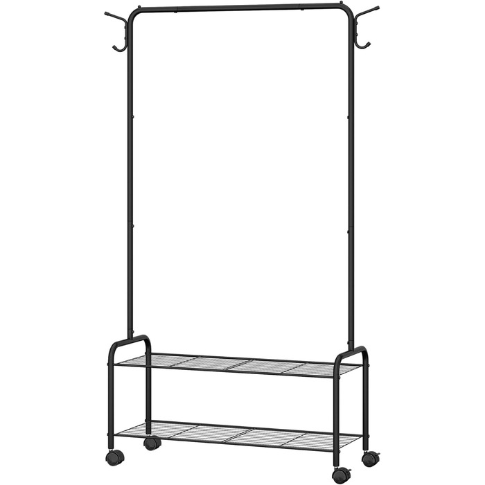 Clothes Rack with 2-Tier Shelf, 3-in-1 Design, Clothes Stand with 4 Wheels, Coat Rack with 4 Hooks for Bags, GR07499A (Black)