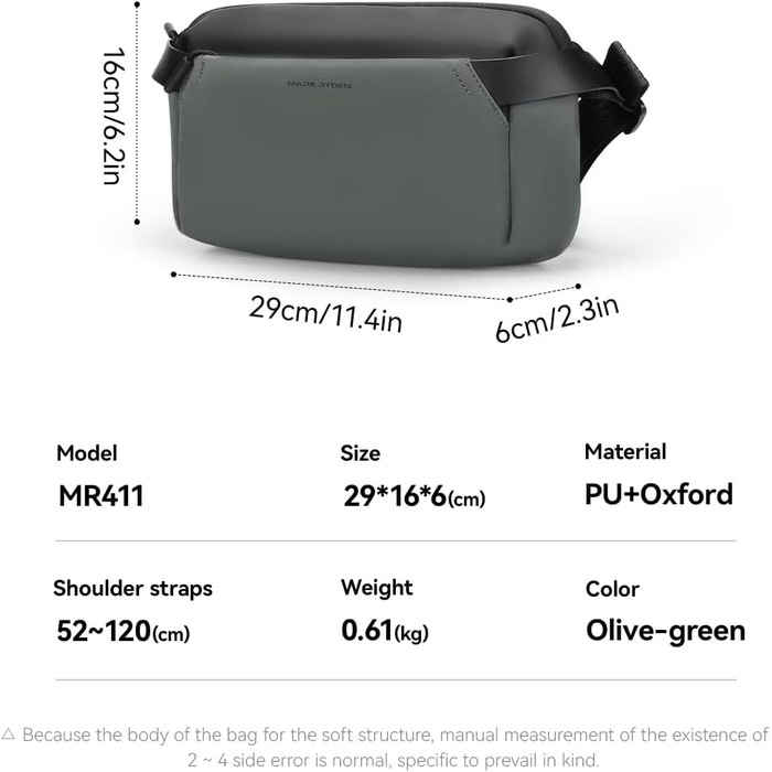 Сумка на плечі Mark Ryden Leicht: чоловіча/жіноча, темно-зелена, з YKK-блискавкою та магнітною застібкою