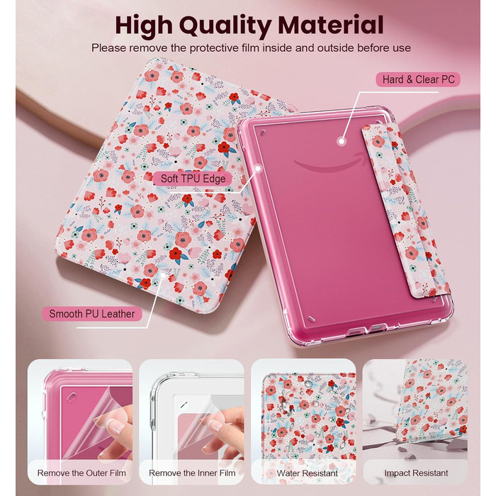 Чохол для Kindle Paperwhite 12 (2024) та Kindle Colorsoft (2024/2025) MoKo з магнітною застібкою, прозорий, захист від подряпин, авто-вкл/викл, колір: весняне рожевий