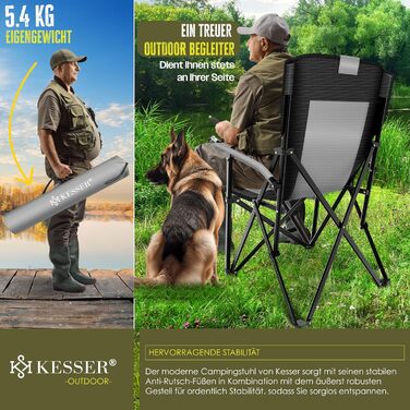 Кресlo для кемпінгу KESSER® з високою спинкою, 160 кг | Стільчик для риболовлі, з підлокітниками, кишенькою для напоїв та світлом | Сірий/Чорний