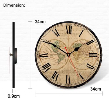TAHEAT World Map Wall Clock, Large Classic Wooden Clock, Silent Non-Ticking Easy to Read for Home/Office/School, 34 cm