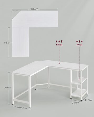 VASAGLE Desk, L-Shaped Computer Desk, 138 x 138 x 76 cm, Corner Desk with 2 Shelves, Space-Saving Office Desk, Gaming, Home Office, Easy Assembly, Maple White LWD072W44