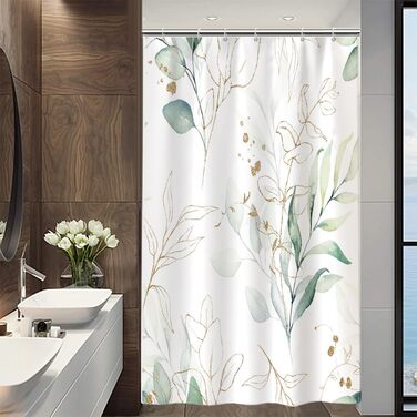 Штора для душу 120x200 см з евкаліптом, антигрибкова, акварель, водонепроникна, поліестер, з гачками для ванної кімнати