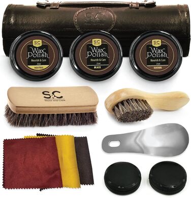 Stone & Clark 12-Piece Leather Shoe Cream & Care Set with Brown Wax, Shoe Brushes for Polishing, Compact Shoe Shine Kit with Horsehair Brushes & PU