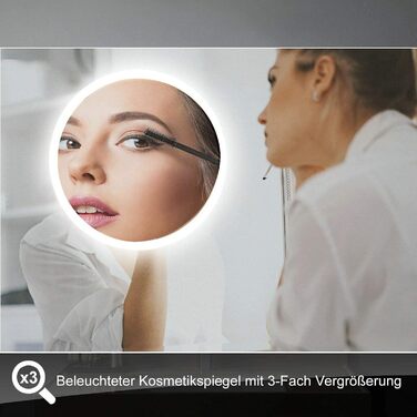 LED дзеркало для ванної кімнати з підсвічуванням 80x60 см: Bluetooth, годинник, 3 кольори світла, сенсорне регулювання, проти запотівання, збільшення, для ванної, туалету, коридору