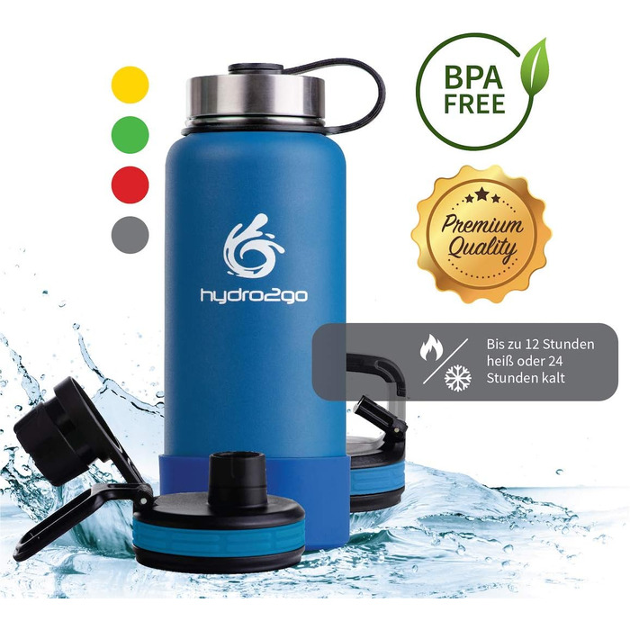 Термос-фляга Hydro2Go Edelstahl X-AlpsBottle 1000 мл, блакитний (Sky Blue 2.0) – вакуумна, з 3 кришками, не протікає