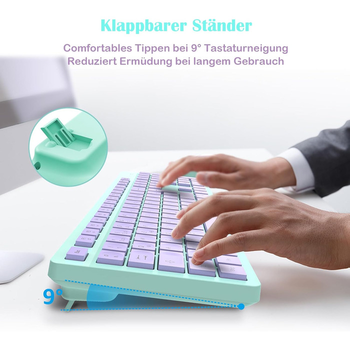 Бездротовий комплект клавіатури та миші Leadsail K786 з цифровою клавіатурою QWERTZ (німецька) - тиха клавіатура, 2.4 GHz, USB Nano приймач для ПК/ноутбука (багатобарвний)