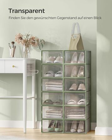 SONGMICS Shoe Boxes, 12-Piece Set, Plastic Shoe Organizer, Foldable and Stackable, for Shoes up to Size 44, Transparent-White LSP12SWT (12-Piece Set for Shoes up to Size 44, Transparent + Laurel Green)