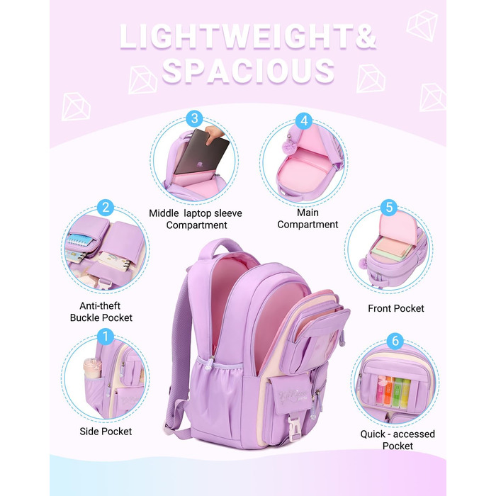 Дитячий рюкзак для школи DivingBirds для дівчаток 2-7 клас, 22L | Легкий, з дихаючим вкладишем спинки та м'якими лямками | Рюкзак для підлітка 7-10 років (фіолетовий)