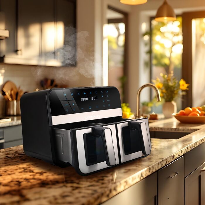 Фритюрниця повітряна LEHMANN з 2 камерами, 9л, 2400 Вт, AirFryer XXL з 12 програмами, до 200°C, WiFi, без олії, з технологією Air Fry – гриль, випічка, ферментація, дегідратація