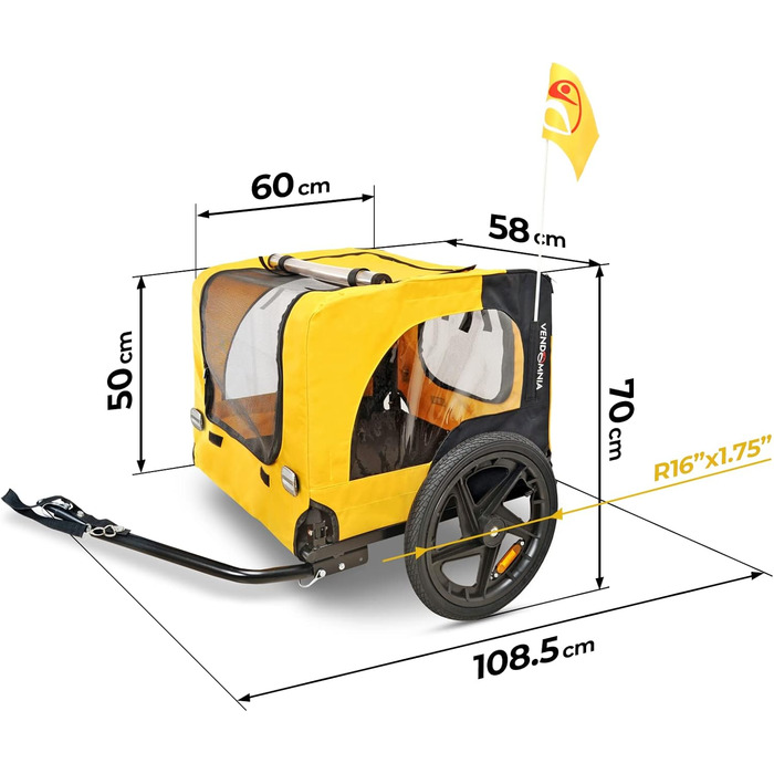 Причіп для собак до велосипеда, складаний, з прапорцем та ременем. Доступні кольори: червоний, пісочний, м'ятний, фіолетово-блакитний, військово-блакитний, військово-зелений