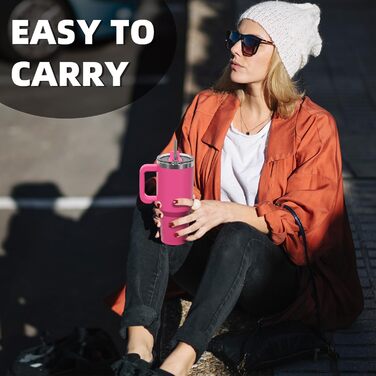 Термокружка WATERSY 40oz (591 мл) з нержавіючої сталі, подвійні стінки, з ручкою та трубочкою, для гарячих та холодних напоїв, рожевого кольору