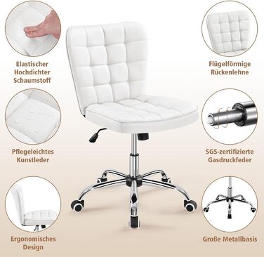 Крісло для дому та офісу Yaheetech, обертове, регульоване по висоті, без підлокітників, на колесах, з штучної шкіри (білий)