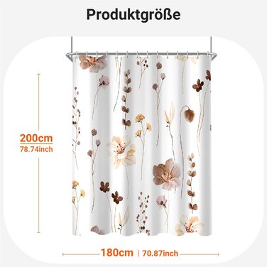 Штора для ванної кімнати 180x200 см коричнева з квітами, антигрибкова, водовідштовхувальна, поліестер, з кільцями для кріплення