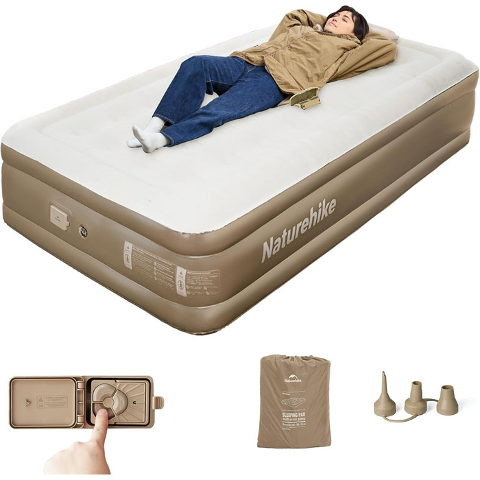 Надувний матрац Naturehike для кемпінгу та дому (190x100x45 см), самонадувний, з акумуляторним насосом, для 1 особи, коричневий