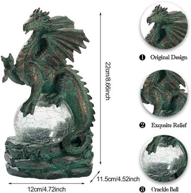 TERESA'S COLLECTIONS 22cm Garden Dragon Figurine with Solar Light, Garden Statue Solar Glass Balls Lighting Waterproof Bronze Resin Garden Figures for Outdoors, Lawn Gifts for Women