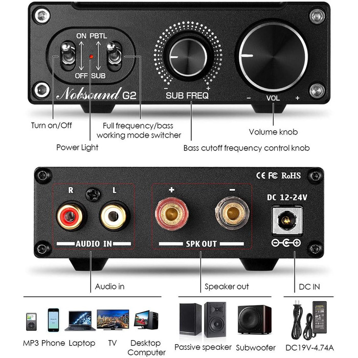 Підсилювач сабвуфера Nobsound G2, 100 Вт, моно, для пасивних сабвуферів та бас-шейкерів, з регулятором гучності, домашній аудіо підсилювач