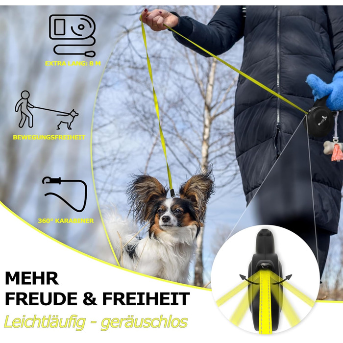 Рулетка для собак Bluzelle 8м, до 50кг, Neon-Yellow, з металевим карабіном 360°, зручний ручний гальма, чорний гумовий ручка