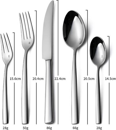 Alata Konrad 18/10 Stainless Steel Polished Cutlery Set, 12 Place Settings, 60-Piece Dinner Set, Monoblock Knives, Glossy Finish, Dishwasher Safe