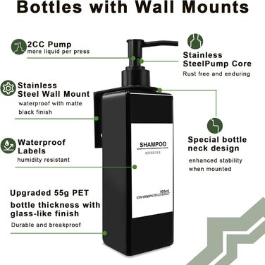 Набір з 3 дозатори для мила Roselee на стіну, 500 мл, без свердління, для душу, шампуню, ванни, чорний