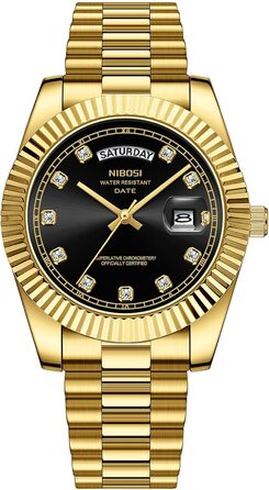 Чоловічий годинник NIBOSI: аналоговий кварцовий годинник з нержавіючої сталі, водостійкий, з датою та індикатором дня тижня. Білий циферблат, золотий корпус, чорвий ремінець. Стильний бізнес-годинник для чоловіків