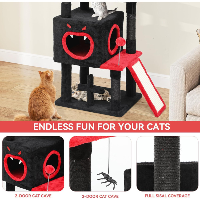 Кігтеточка YITAHOME Готичний XL, 160 см, з 4 колонами з сизалю, 1 дощечкою для шліфування, гамаком, 2 кулями-мавпами, платформами-ліжками, для шліфування, чорна (40 x 48 x 111 см)