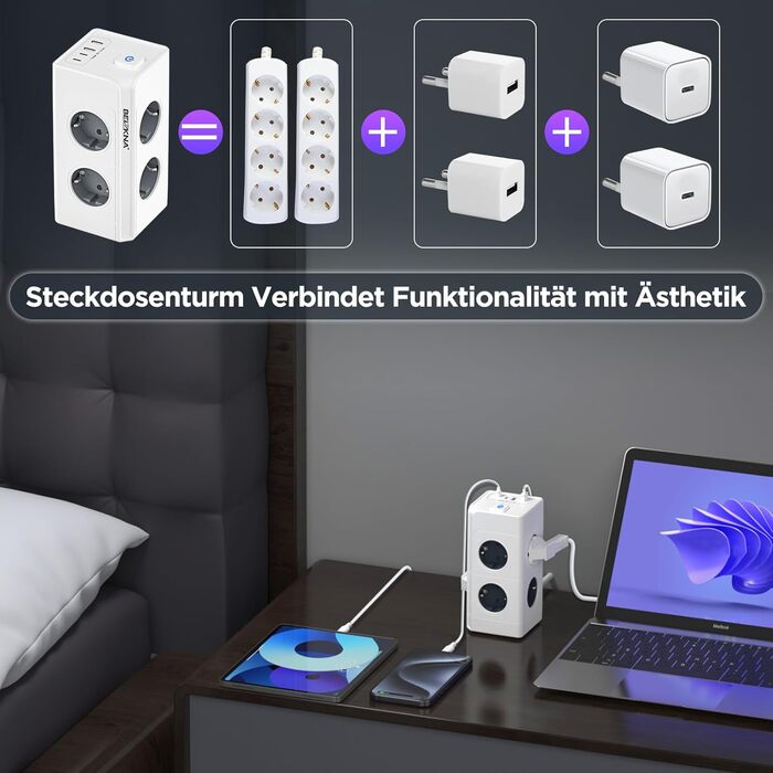 Мережевий фільтр з 4 розетками та 4 USB-портами, настінний, 4000W, 16A, з перетворювачем напруги, білий