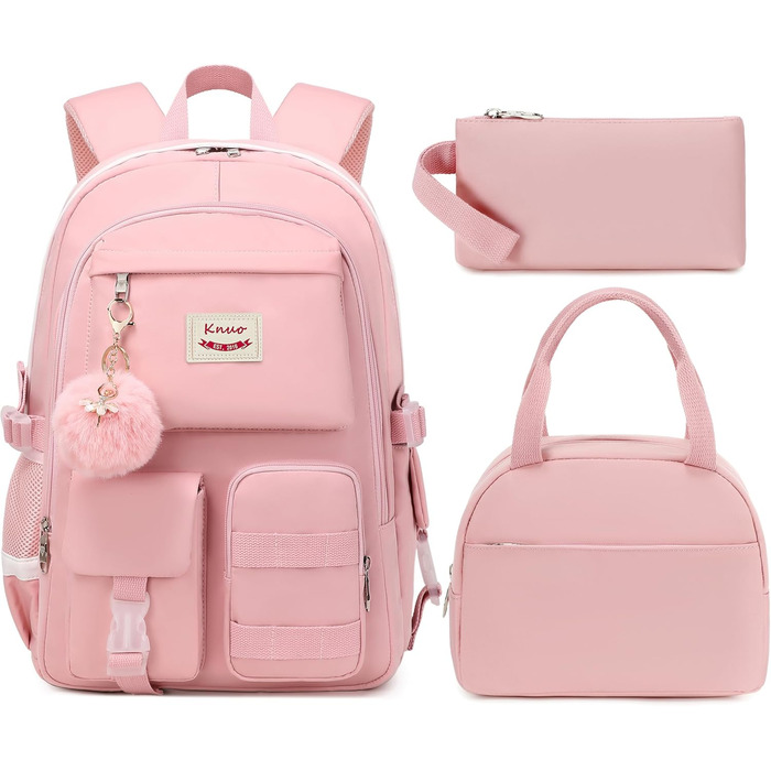 Набір рюкзаків для підлітків, дівчат та жінок: рюкзак, пенал, ланчбокс (Рожевий, L)