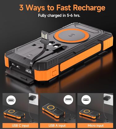 Портативний зарядний пристрій Solar Powerbank 56800 mAh з бездротовою зарядкою, 30W PD, 6 виходів, ліхтарик, велика ємність для кемпінгу та подорожей (Помаранчевий)