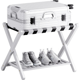 SMIBUY Luggage Rack, Folding Bamboo Suitcase Stand with Storage Shelves for Guest Room, Bedroom, Hotel, Heavy Duty (White)