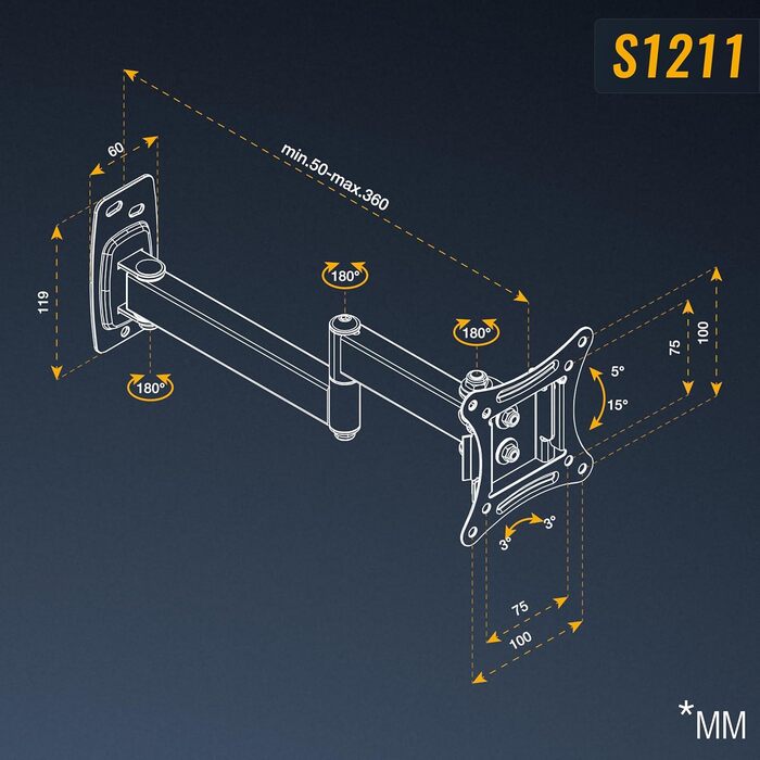 Кріплення для монітора на стіну RICOO S1211: поворотний тримач для монітора 13-34 дюймів (VESA 75x100)