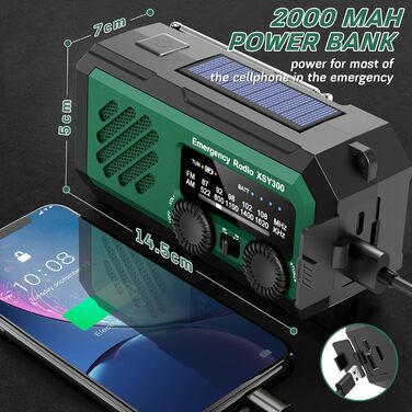 Радіопортативне YIKANWEN на сонячній батареї та ручному приводі, 2000mAh, AM/FM, LED-ліхтарик, зелений - для дому та кемпінгу