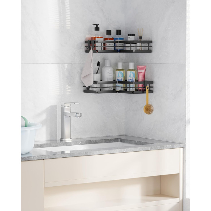 Поличка для душу Kitsure без свердління – 2 шт. Стабільне душове решітка без свердління з швидким стоком, нержавіючою статтю та міцним клейким кріпленням для ванної кімнати, 22,0 x 22,0 x 5,0 см, Чорний