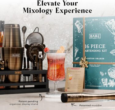 Набір бармена BARE BARREL® Mixology: 16 предметів для приготування коктейлів | Шейкер, мішалки, рецепти | Ідеальний подарунок для дому