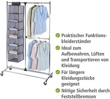 WENKO Clothes Rack, Folding, Clothes Storage with Adjustable Clothes Rail and Wheels, Plastic/Metal, 88 x 100-168 x 11-49 cm, Chrome/Grey (188 x 49 x 116 cm)