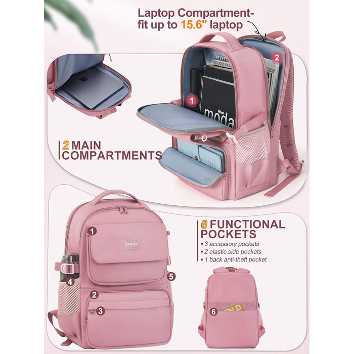 Шкільний рюкзак FIORETTO для дівчаток-підлітків, рюкзак для жінок з відділом для ноутбука 15,6', водонепроникний, легкий, 25L, для школи та подорожей, рожевий
