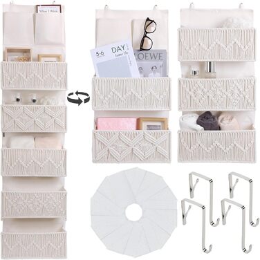 Організатор для дверей з 4 кишенями, Бохо декор, Настінна полиця-організатор з 2 гачками, Складаний настінний органайзер для спальні, дитячої кімнати, ванної (5 кишень-слонова кістка)